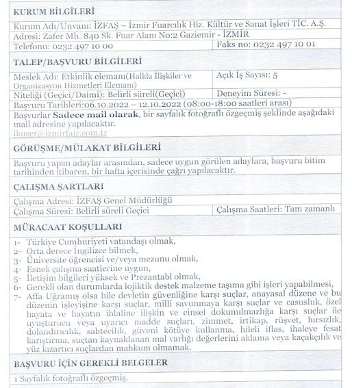 İzmir İzfaş Fuarcılık Hizmetleri 33 Personel Alımı İş Başvuru Sayfası